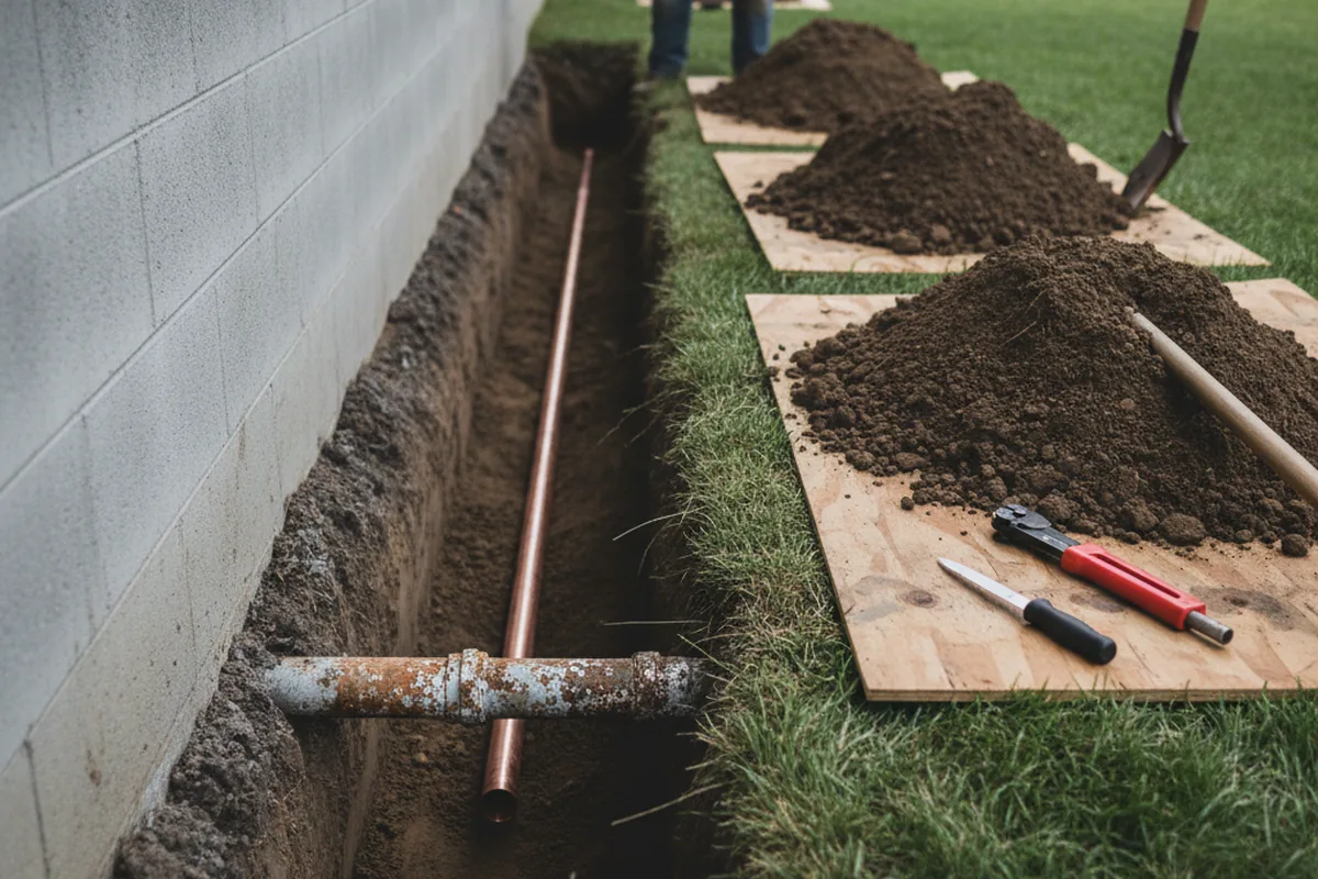 Excavated water line trench during Water Heater Repair in Dundas